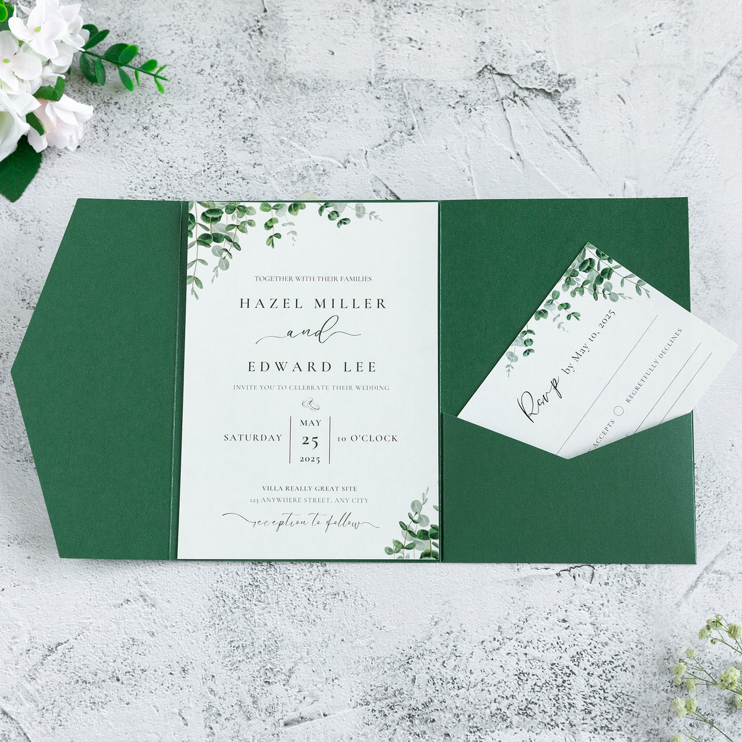NingsPaper Pearl Emerald Green Triple Folded Wedding Invitation Pocket