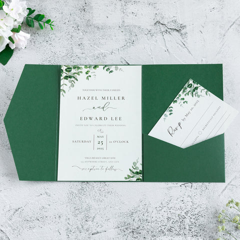 NingsPaper Pearl Emerald Green Triple Folded Wedding Invitation Pocket