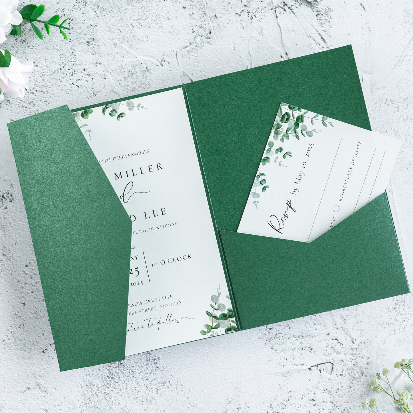 NingsPaper Pearl Emerald Green Triple Folded Wedding Invitation Pocket