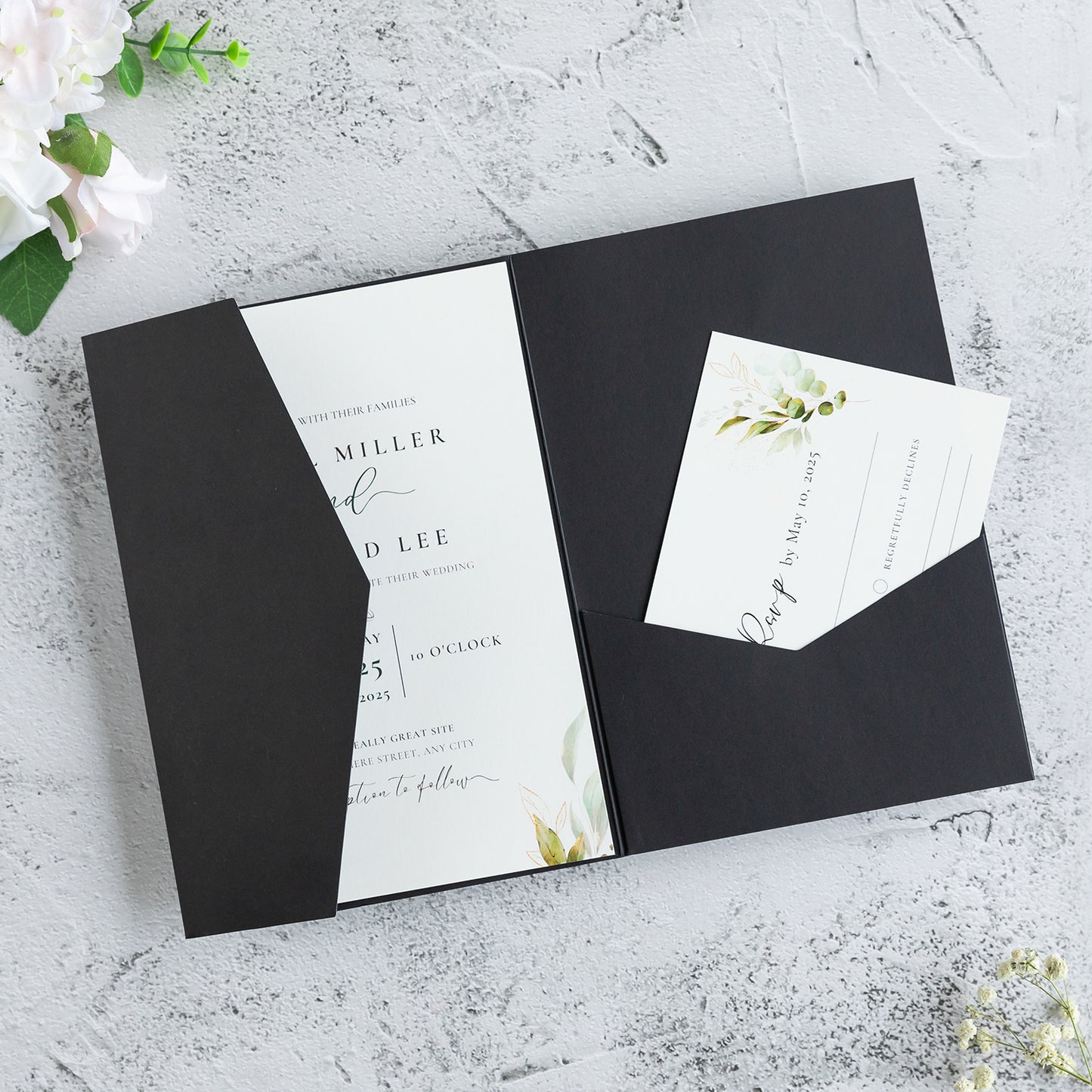 NingsPaper Black Triple Folded Wedding Invitation Pocket