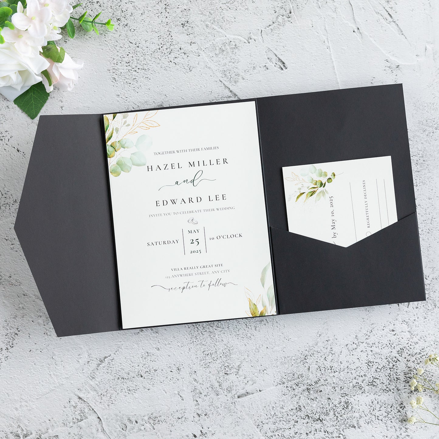 NingsPaper Black Triple Folded Wedding Invitation Pocket