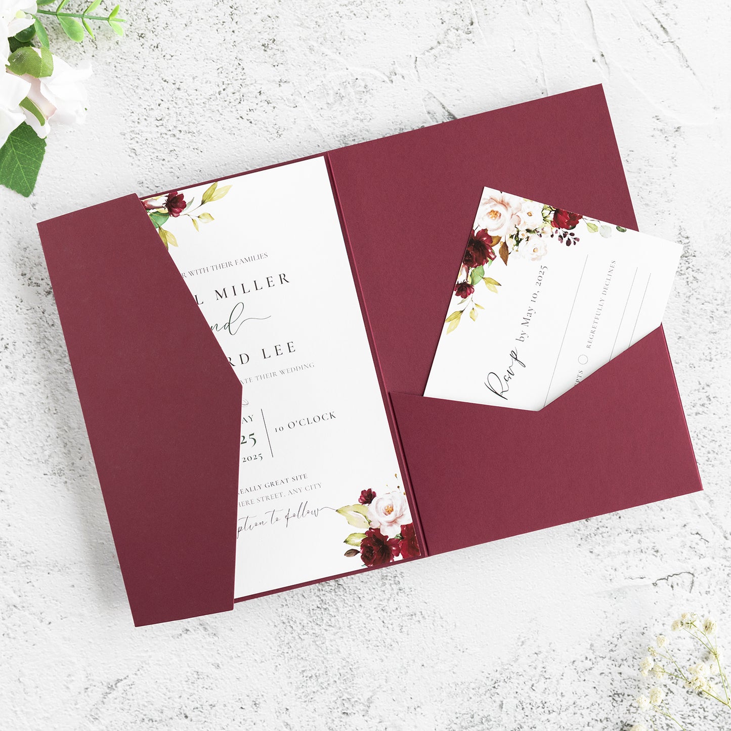 NingsPaper Burgundy Triple Folded Wedding Invitation Pocket