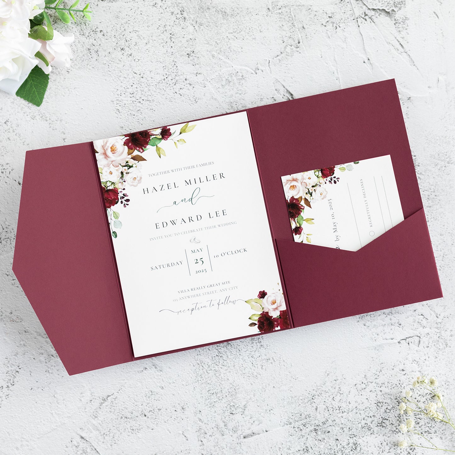 NingsPaper Burgundy Triple Folded Wedding Invitation Pocket