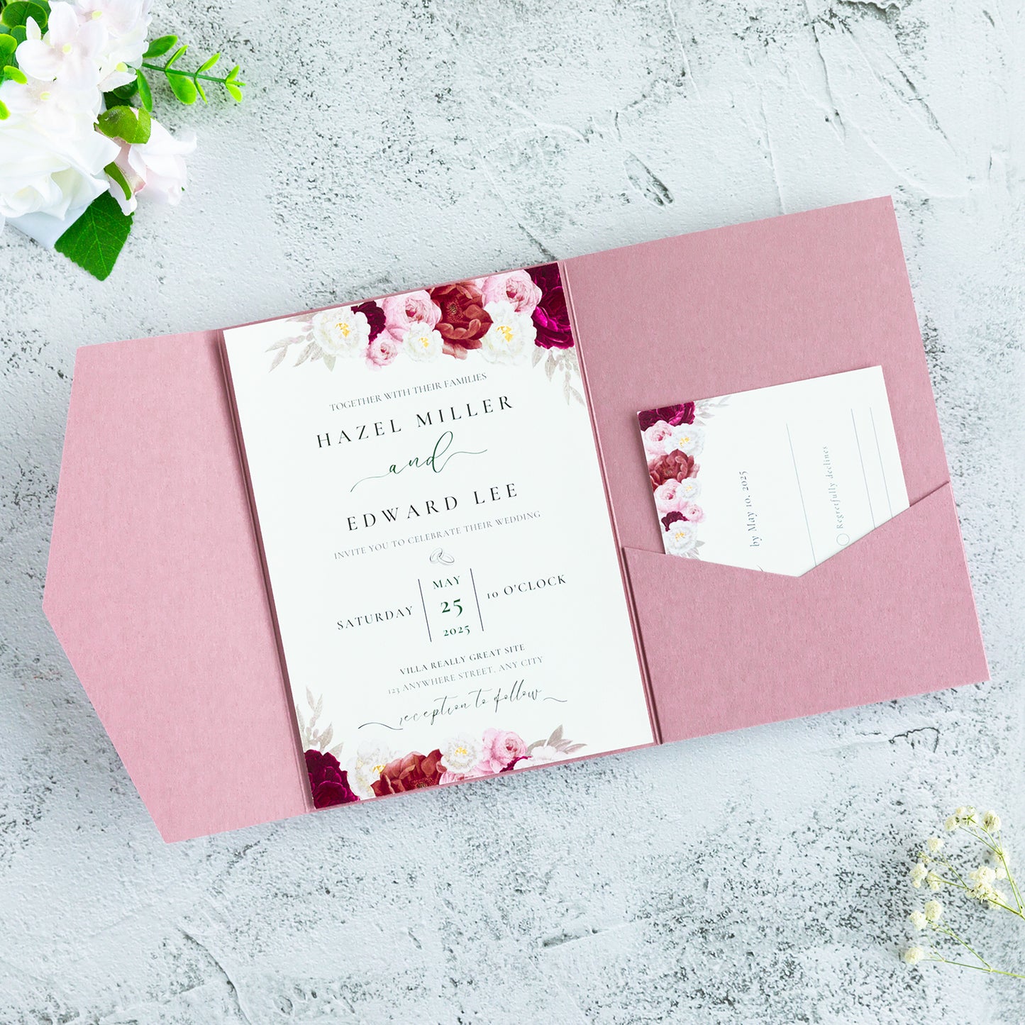 NingsPaper Dusty Rose Triple Folded Wedding Invitation Pocket