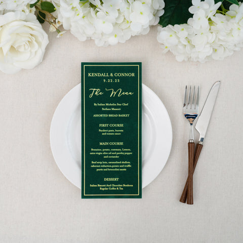 NingsPaper Emerald Green Velvet Foil Print in Gold Wedding Menu