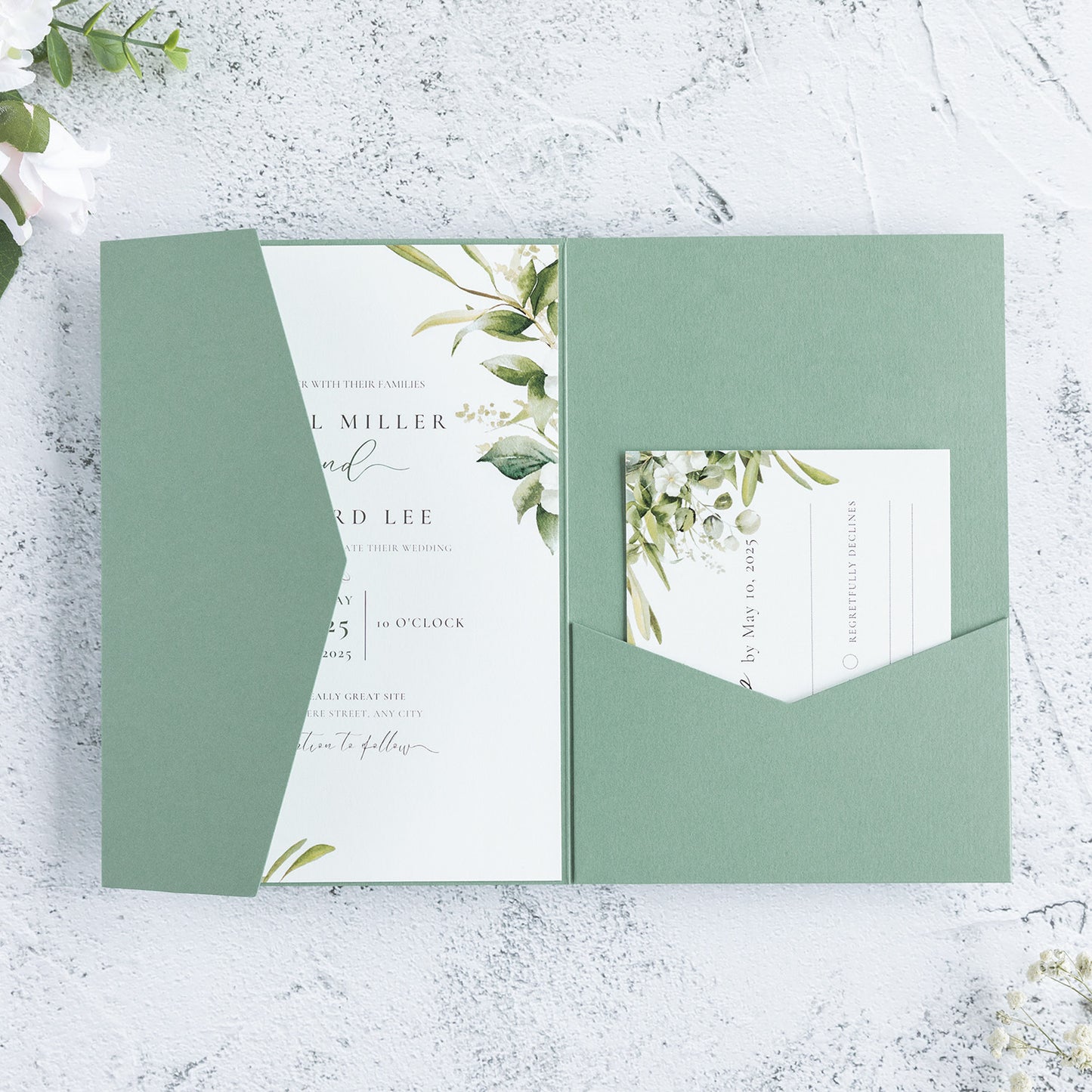 NingsPaper Sage Green Triple Folded Wedding Invitation Pocket