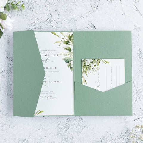 NingsPaper Sage Green Triple Folded Wedding Invitation Pocket