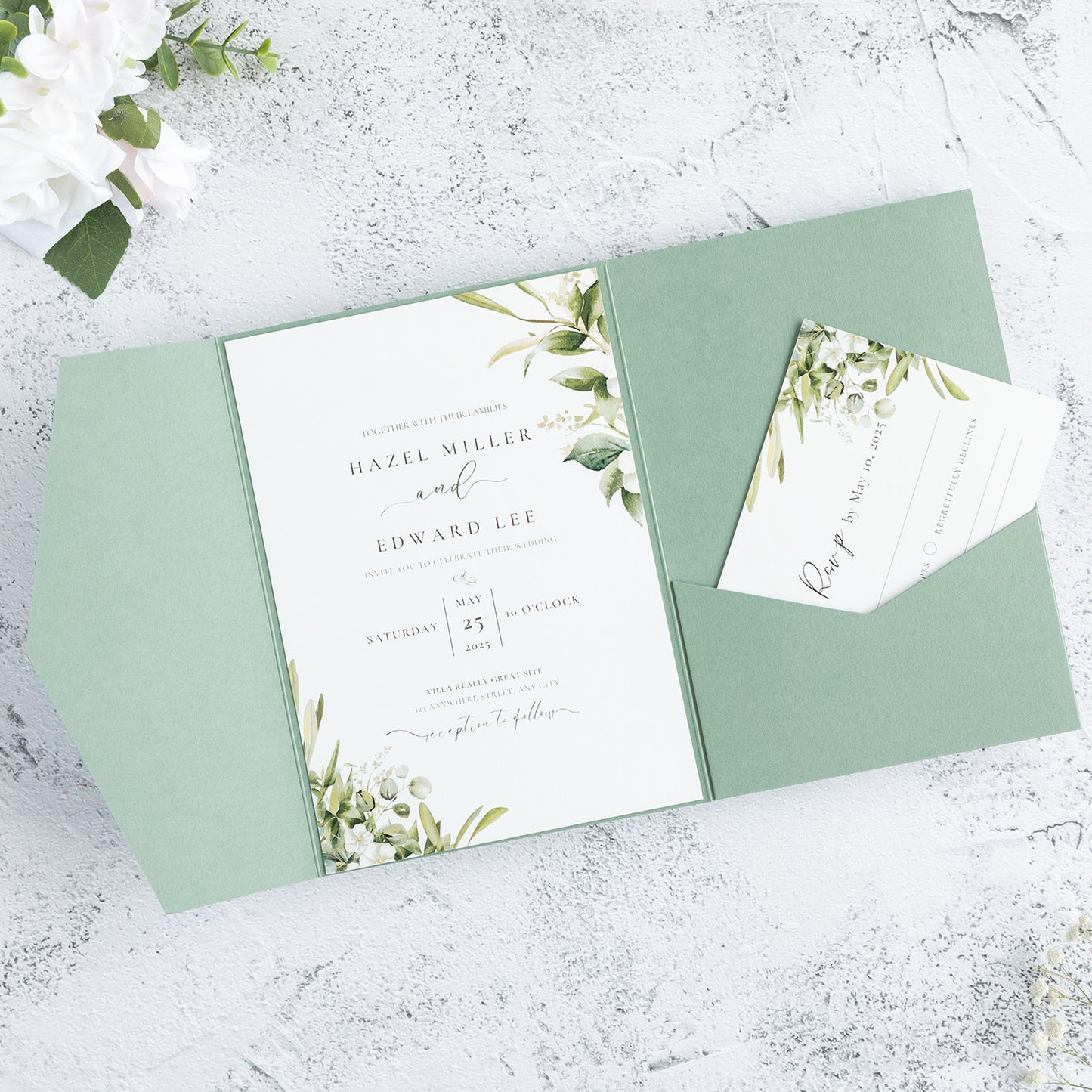 NingsPaper Sage Green Triple Folded Wedding Invitation Pocket