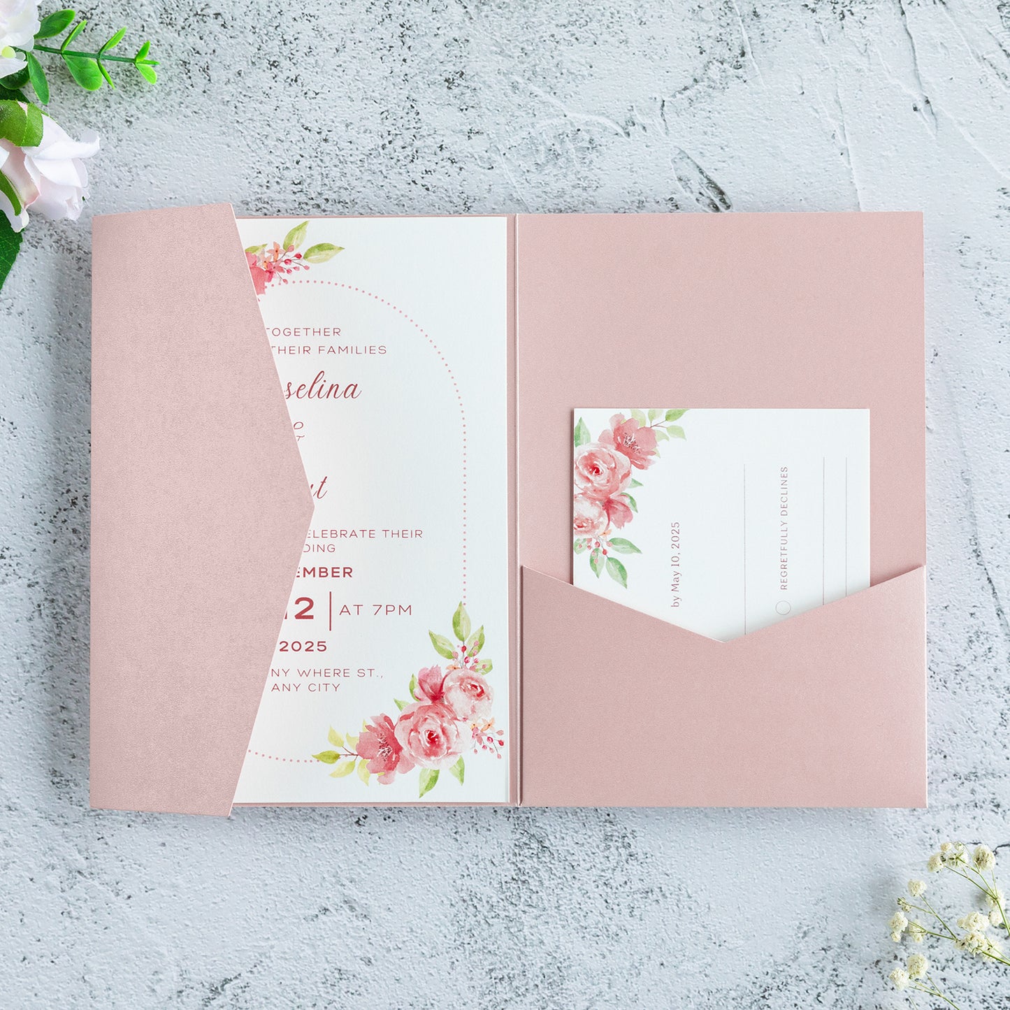 NingsPaper Blush Pink Triple Folded Wedding Invitation Pocket
