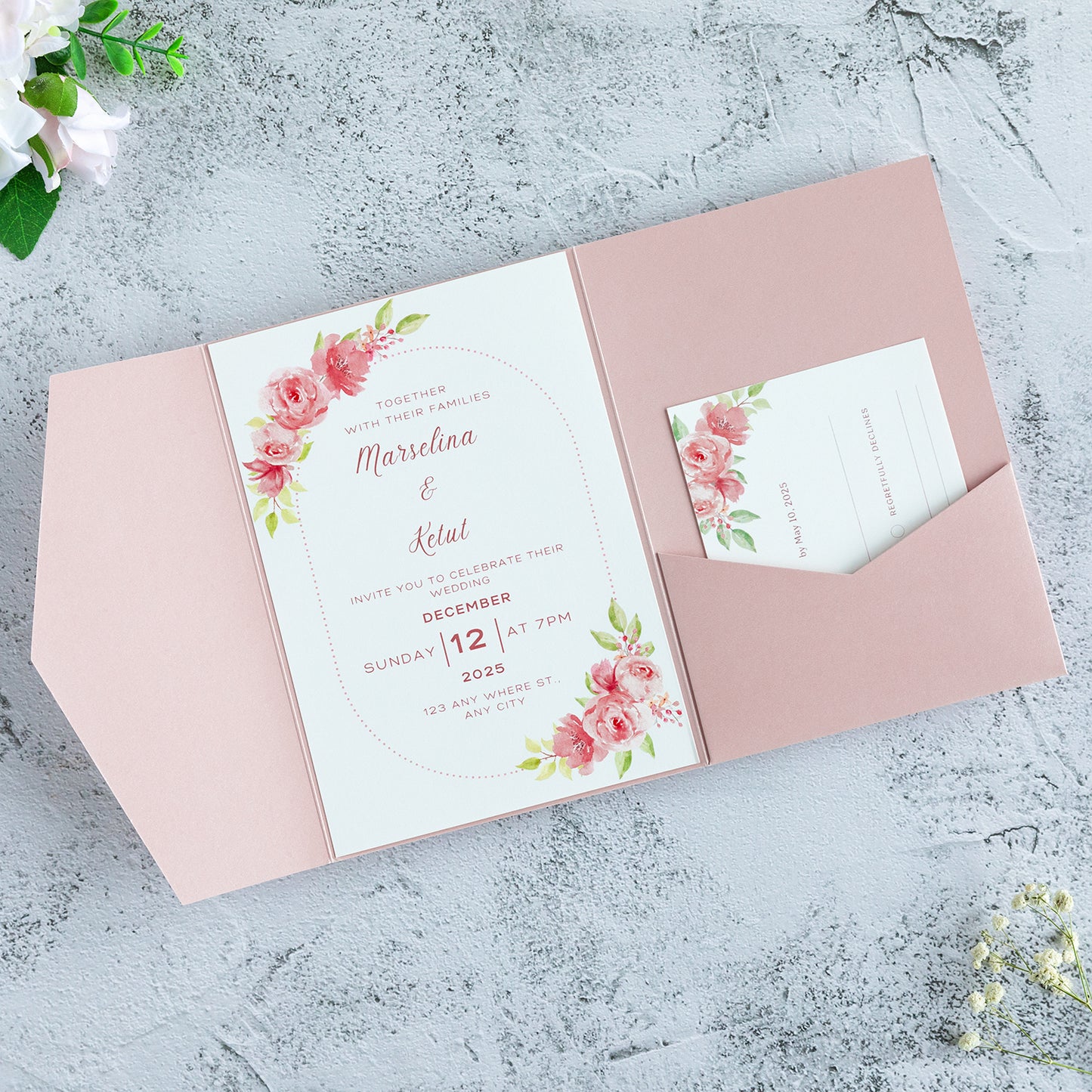 NingsPaper Blush Pink Triple Folded Wedding Invitation Pocket