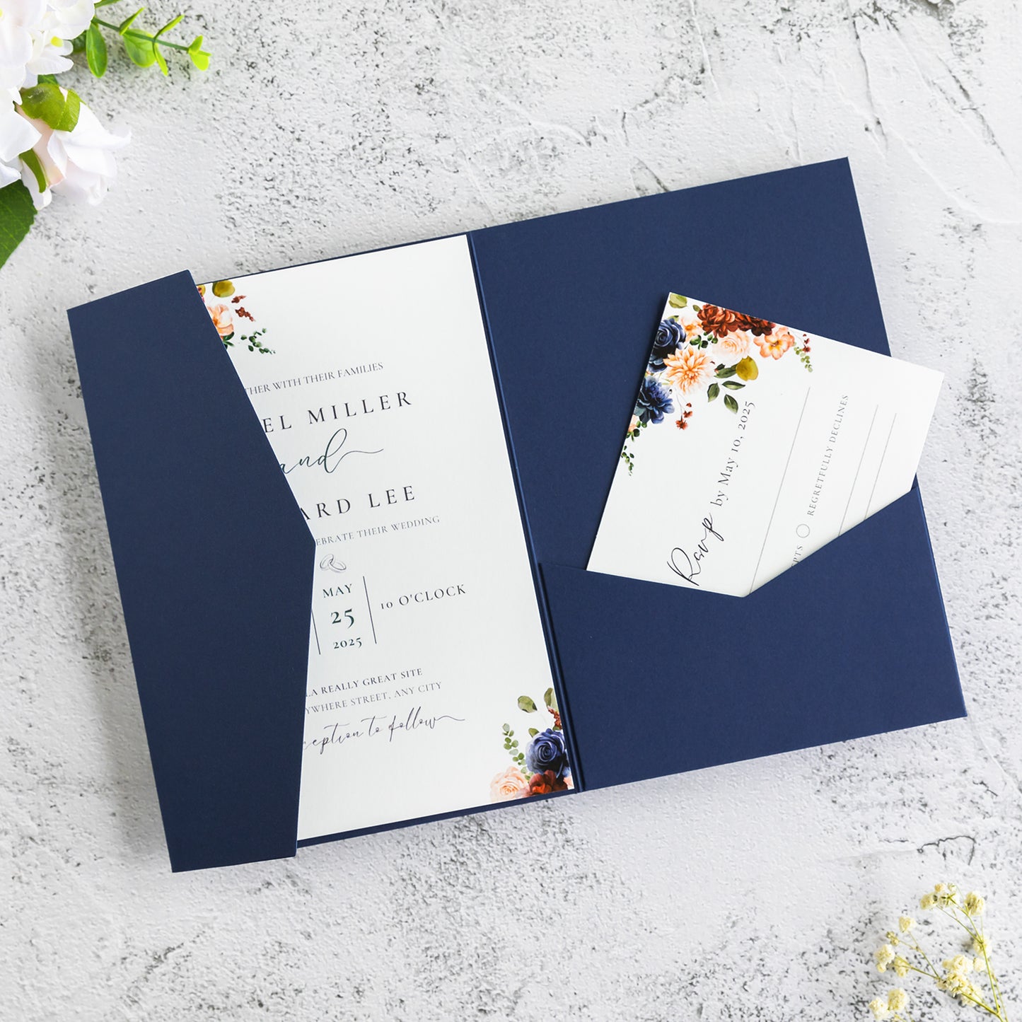 NingsPaper Navy Blue Triple Folded Wedding Invitation Pocket