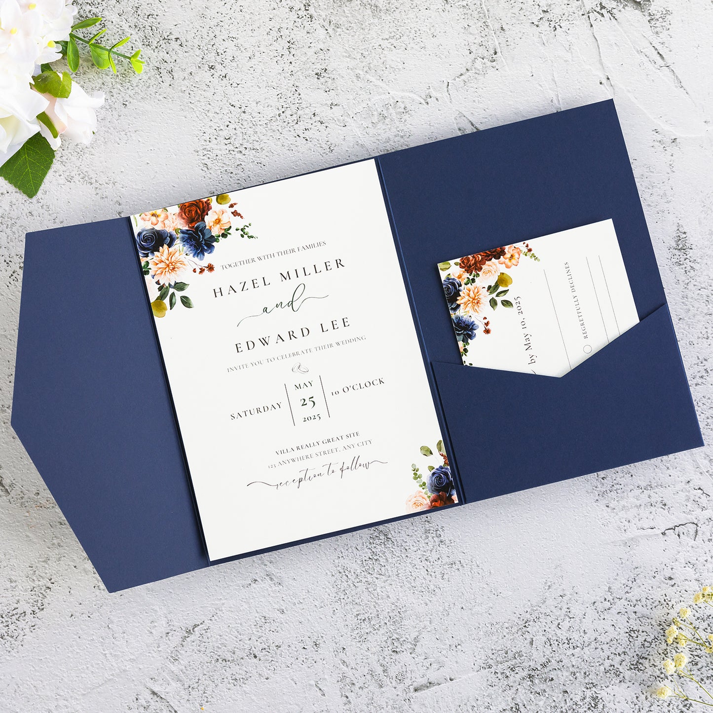 NingsPaper Navy Blue Triple Folded Wedding Invitation Pocket