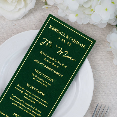 NingsPaper Emerald Green Velvet Foil Print in Gold Wedding Menu