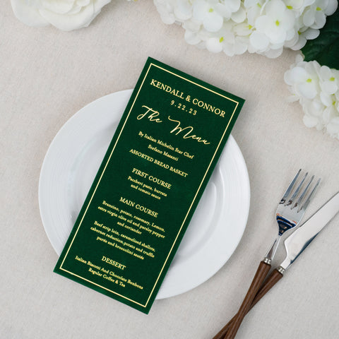 NingsPaper Emerald Green Velvet Foil Print in Gold Wedding Menu