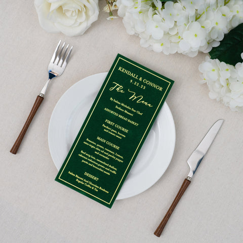 NingsPaper Emerald Green Velvet Foil Print in Gold Wedding Menu