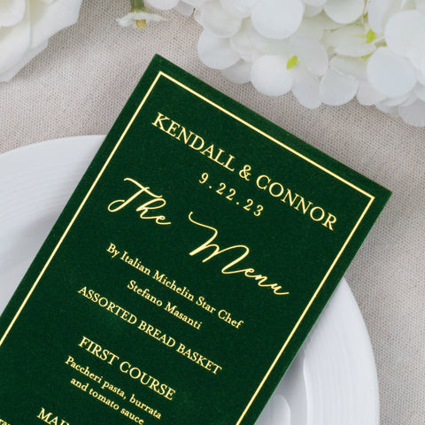 NingsPaper Emerald Green Velvet Foil Print in Gold Wedding Menu