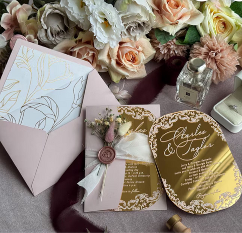 150 Pcs Gold Mirror Acrylic Invitation Cards, Laser Cut Card, Dry Flower, Wax Seal and Outer Envelopes