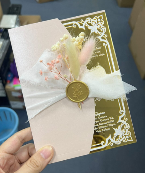 150 Pcs Gold Mirror Acrylic Invitation Cards, Laser Cut Card, Dry Flower, Wax Seal and Outer Envelopes