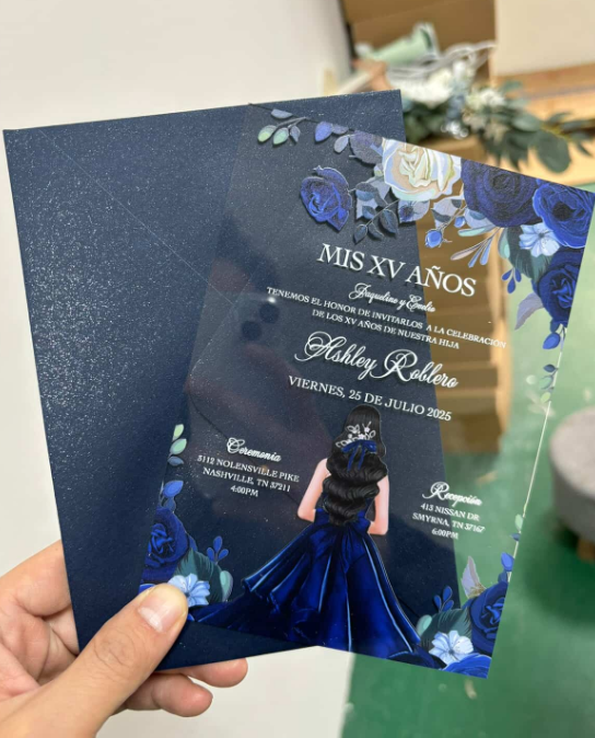 50 pieces 1mm Clear Arcylic Invitations with Navy Blue Envelope
