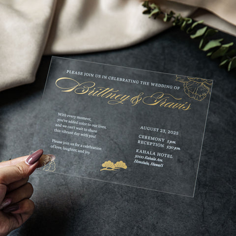 NingsPaper Clear Acrylic Wedding Invitation Cards with Foil Print in Gold Pocket and Envelopes
