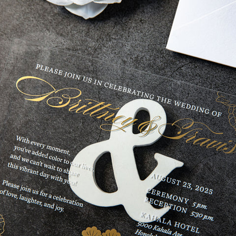 NingsPaper Clear Acrylic Wedding Invitation Cards with Foil Print in Gold Pocket and Envelopes