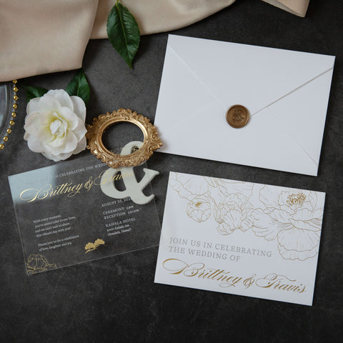 NingsPaper Clear Acrylic Wedding Invitation Cards with Foil Print in Gold Pocket and Envelopes