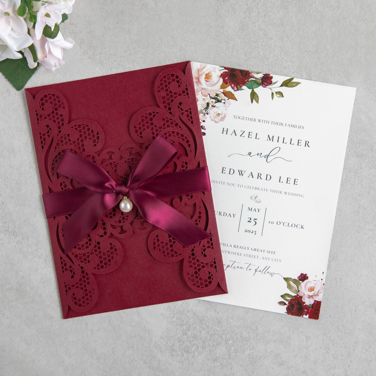 NingsPaper Burgundy Laser Cut Invitation Cards with Ribbons and Rhinestone Pearls