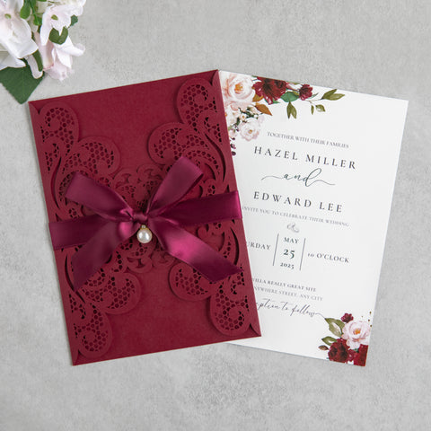 NingsPaper Burgundy Laser Cut Invitation Cards with Ribbons and Rhinestone Pearls