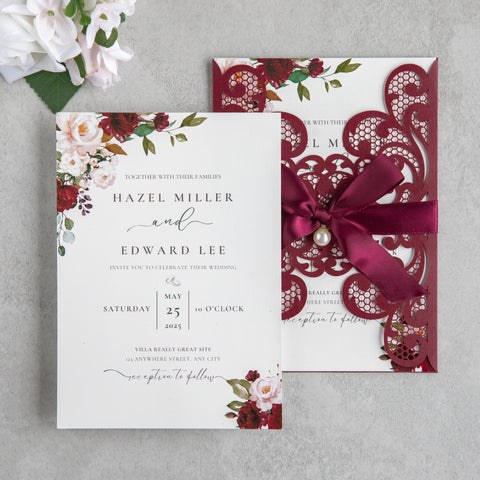 NingsPaper Burgundy Laser Cut Invitation Cards with Ribbons and Rhinestone Pearls