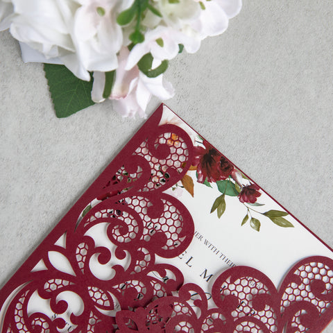 NingsPaper Burgundy Laser Cut Invitation Cards with Ribbons and Rhinestone Pearls