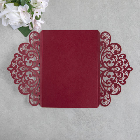 NingsPaper Burgundy Laser Cut Invitation Cards with Ribbons and Rhinestone Pearls