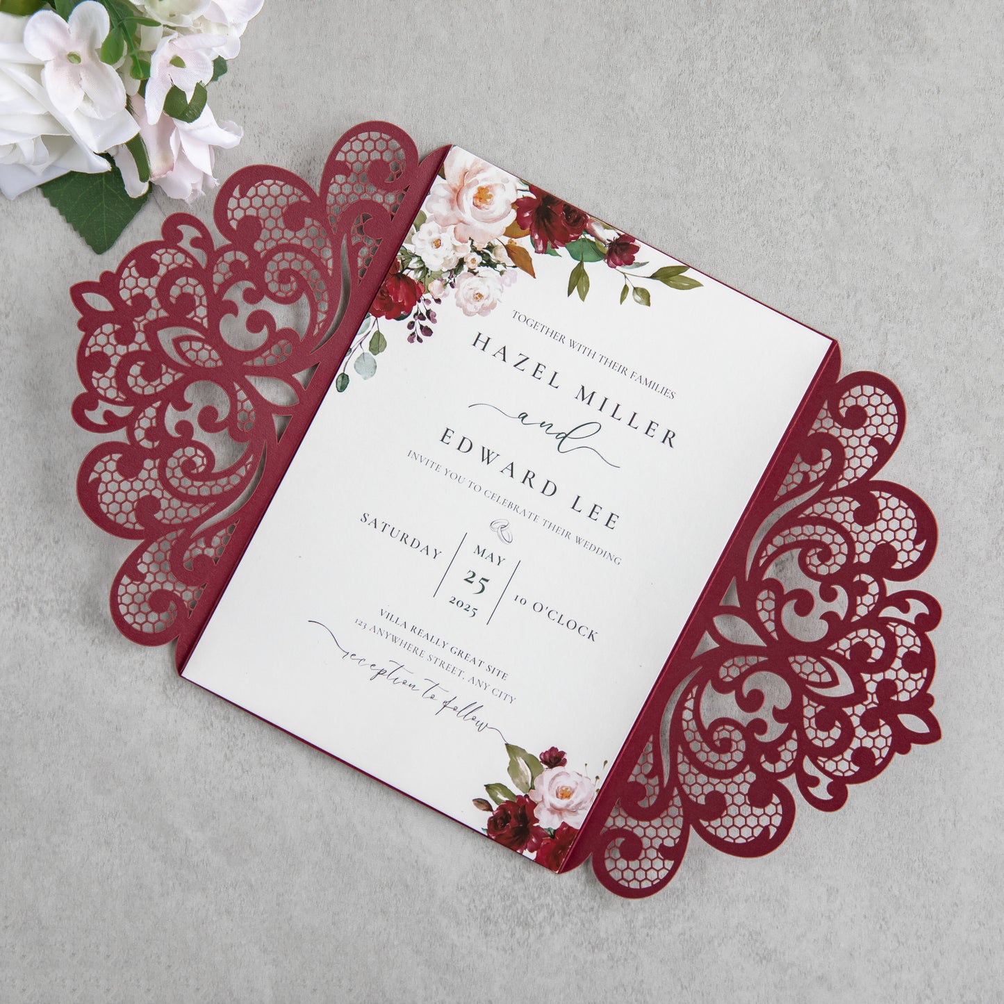 NingsPaper Burgundy Laser Cut Invitation Cards with Ribbons and Rhinestone Pearls