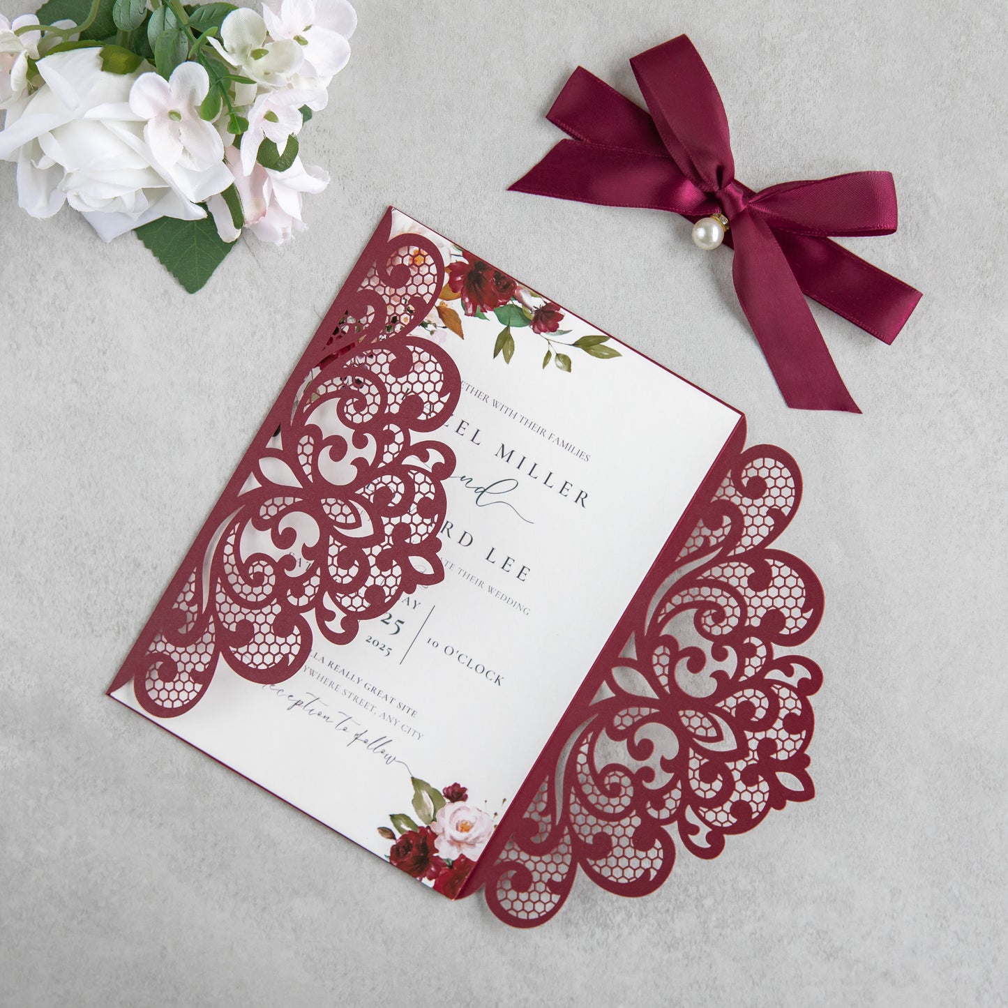 NingsPaper Burgundy Laser Cut Invitation Cards with Ribbons and Rhinestone Pearls