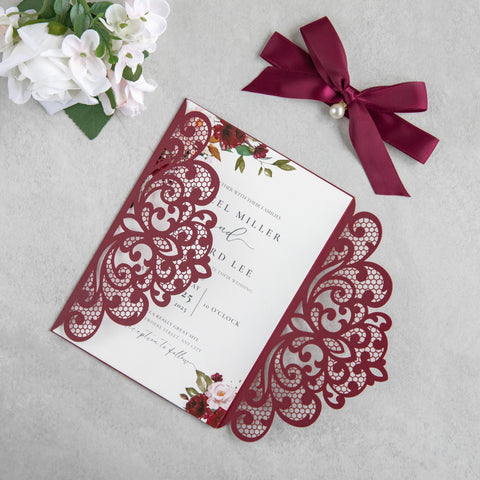 NingsPaper Burgundy Laser Cut Invitation Cards with Ribbons and Rhinestone Pearls