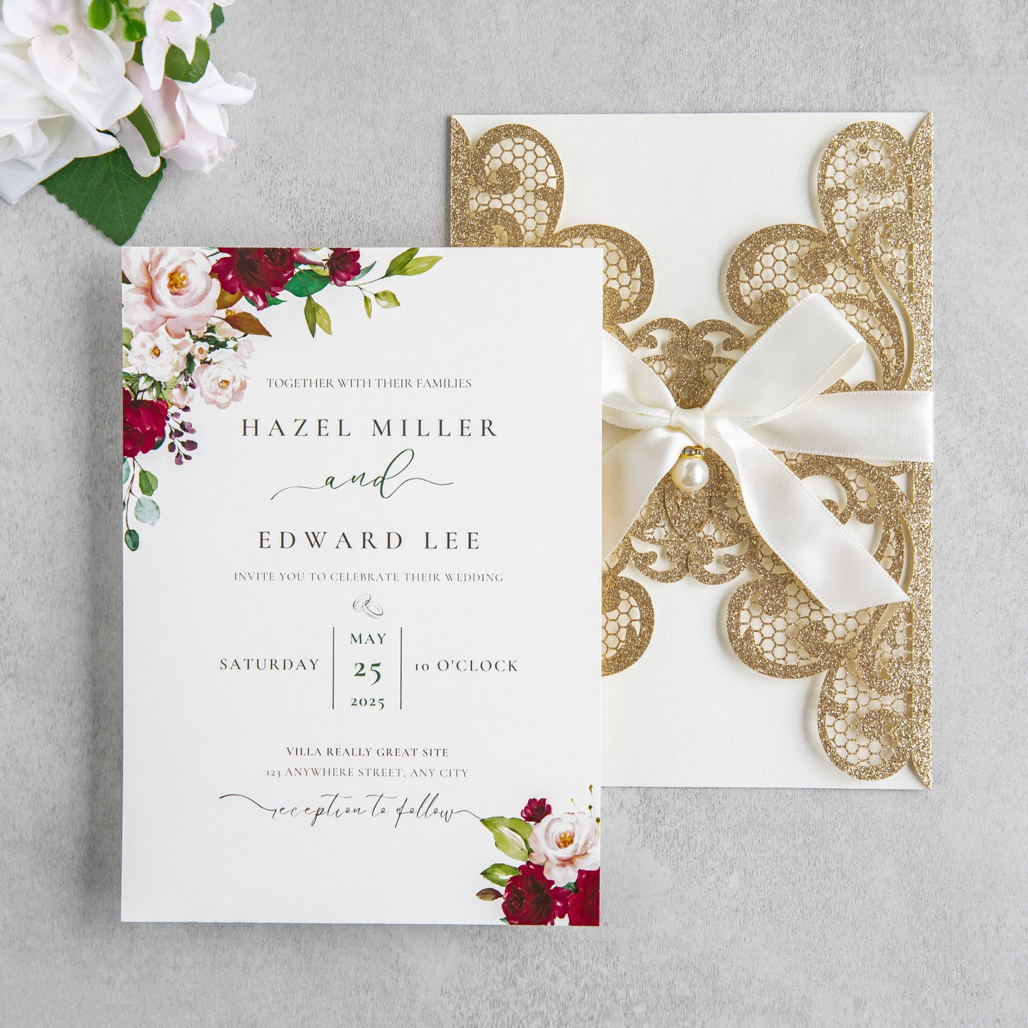 NingsPaper Rose Gold Laser Cut Invitation Cards with Ribbons and Rhinestone Pearls