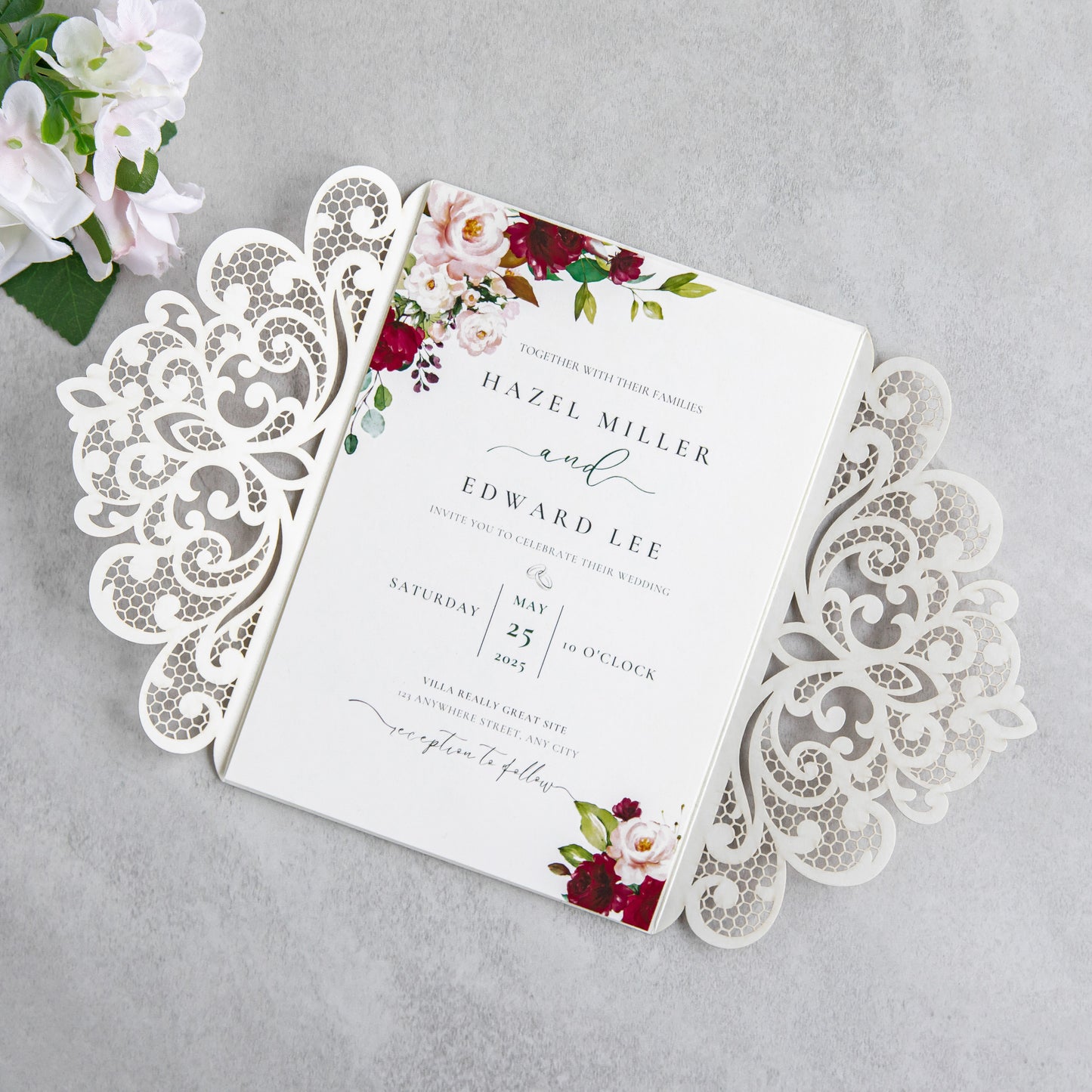 NingsPaper Rose Gold Laser Cut Invitation Cards with Ribbons and Rhinestone Pearls
