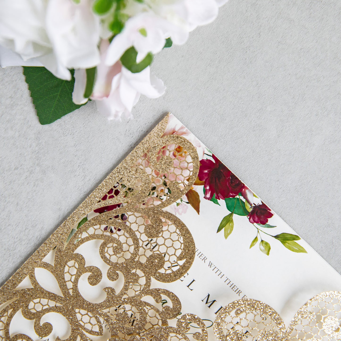 NingsPaper Rose Gold Laser Cut Invitation Cards with Ribbons and Rhinestone Pearls