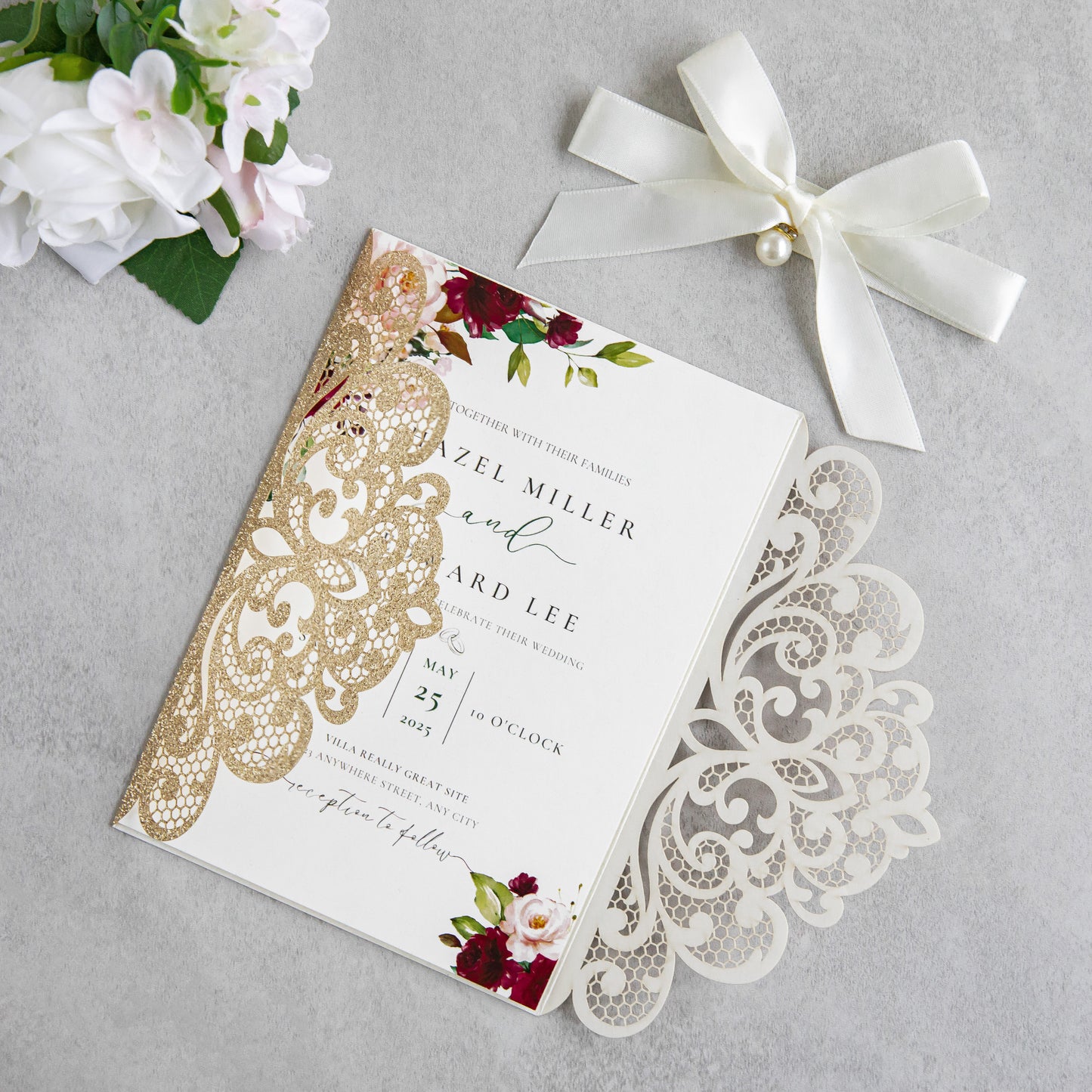 NingsPaper Rose Gold Laser Cut Invitation Cards with Ribbons and Rhinestone Pearls
