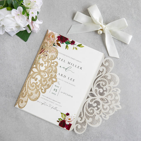 NingsPaper Rose Gold Laser Cut Invitation Cards with Ribbons and Rhinestone Pearls