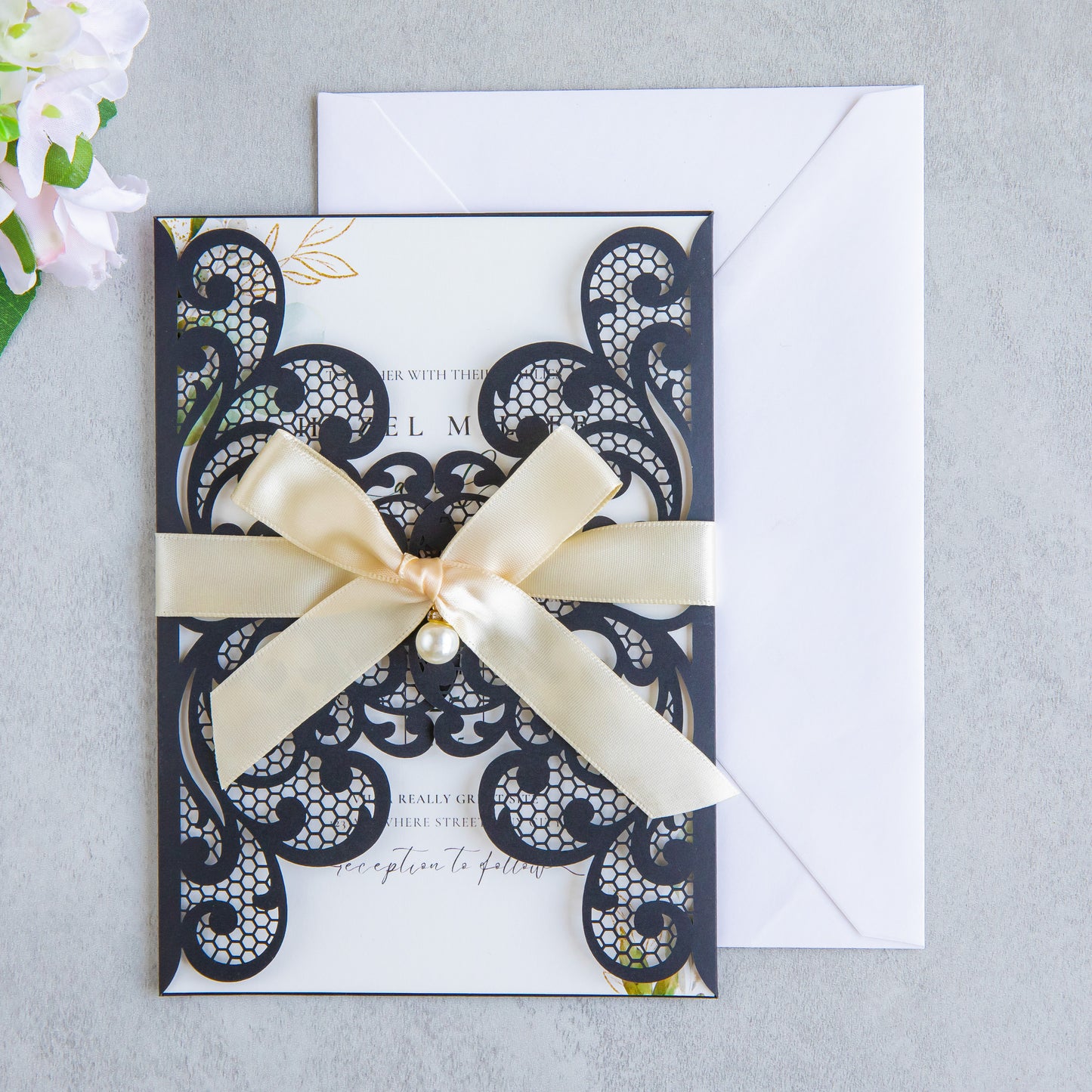 NingsPaper Black Laser Cut Invitation Cards with Ribbons and Rhinestone Pearls