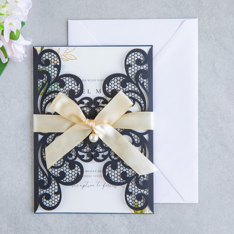 NingsPaper Black Laser Cut Invitation Cards with Ribbons and Rhinestone Pearls