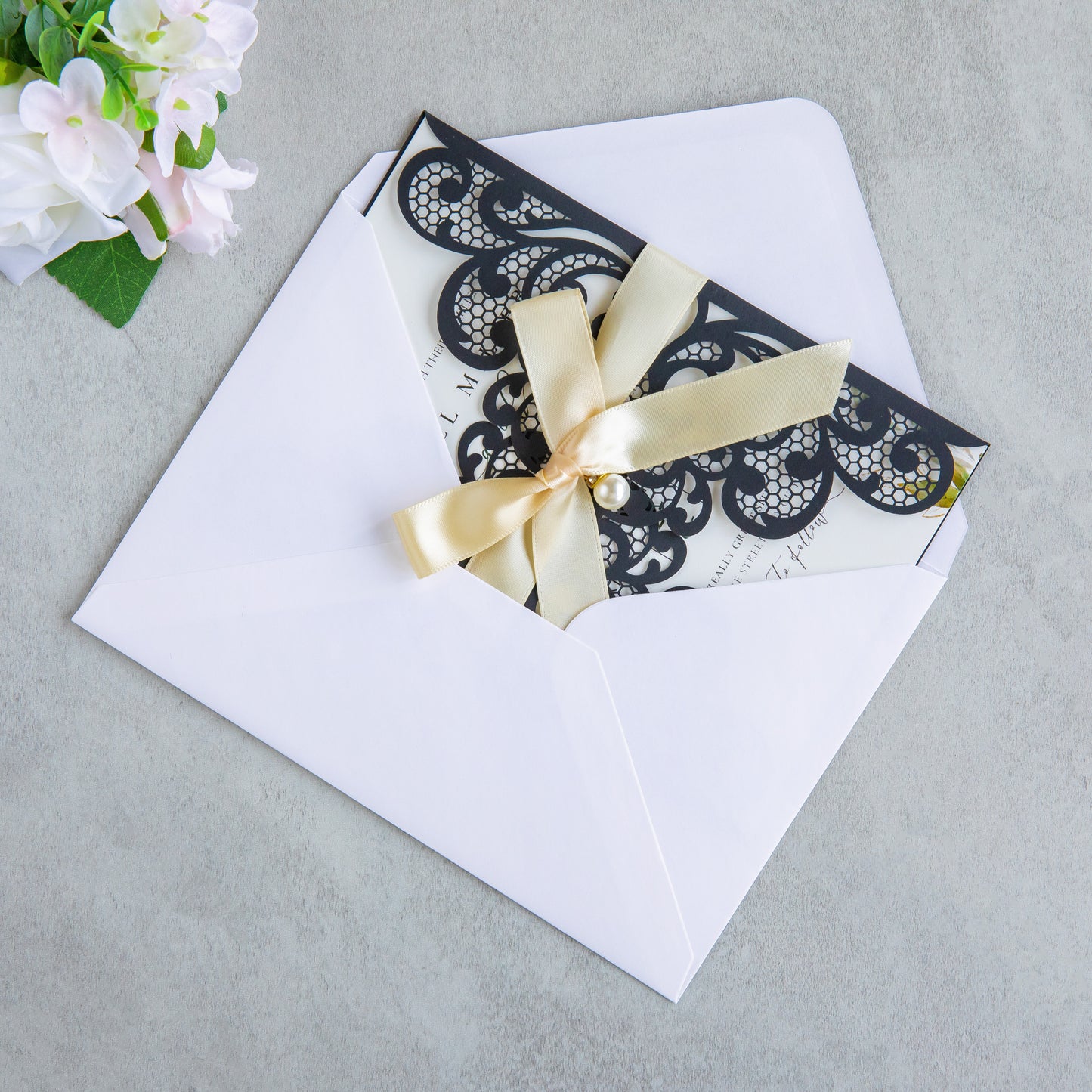 NingsPaper Black Laser Cut Invitation Cards with Ribbons and Rhinestone Pearls