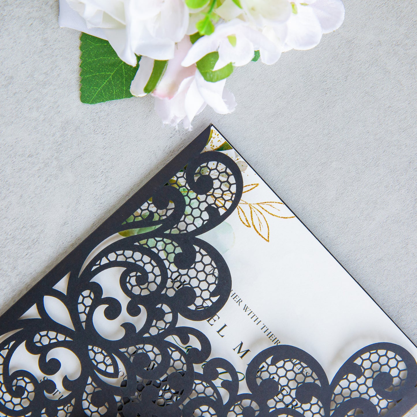 NingsPaper Black Laser Cut Invitation Cards with Ribbons and Rhinestone Pearls