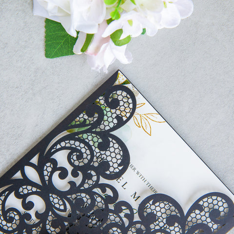 NingsPaper Black Laser Cut Invitation Cards with Ribbons and Rhinestone Pearls