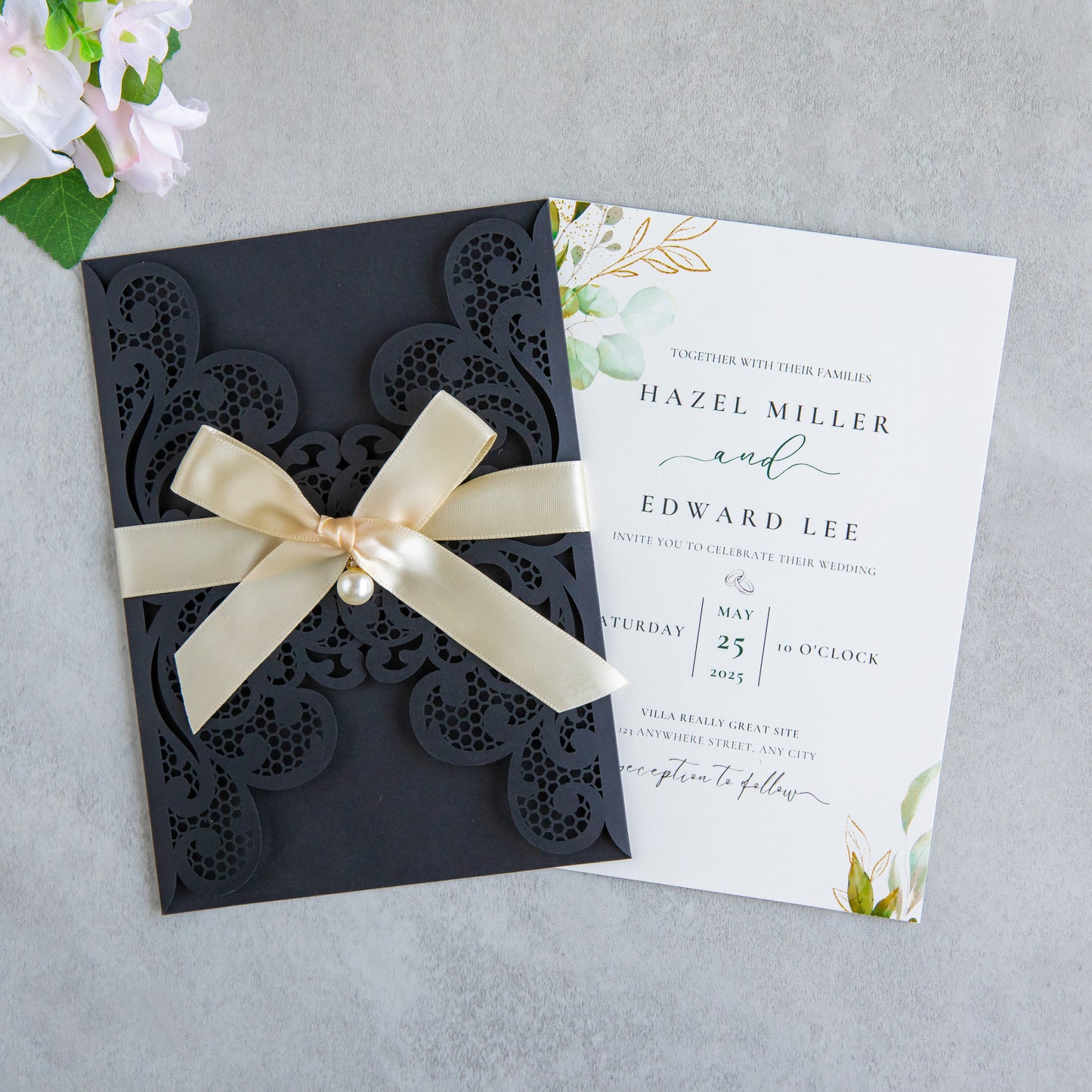 NingsPaper Black Laser Cut Invitation Cards with Ribbons and Rhinestone Pearls