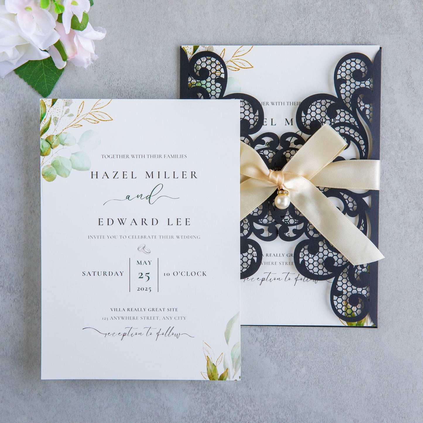 NingsPaper Black Laser Cut Invitation Cards with Ribbons and Rhinestone Pearls