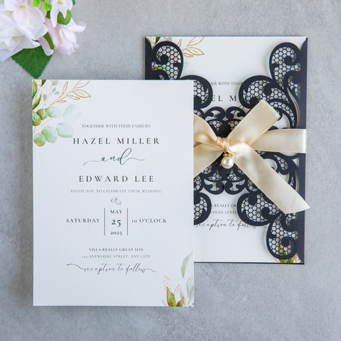 NingsPaper Black Laser Cut Invitation Cards with Ribbons and Rhinestone Pearls
