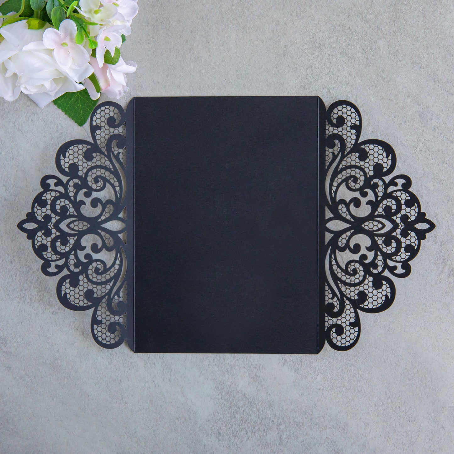 NingsPaper Black Laser Cut Invitation Cards with Ribbons and Rhinestone Pearls