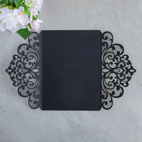 NingsPaper Black Laser Cut Invitation Cards with Ribbons and Rhinestone Pearls