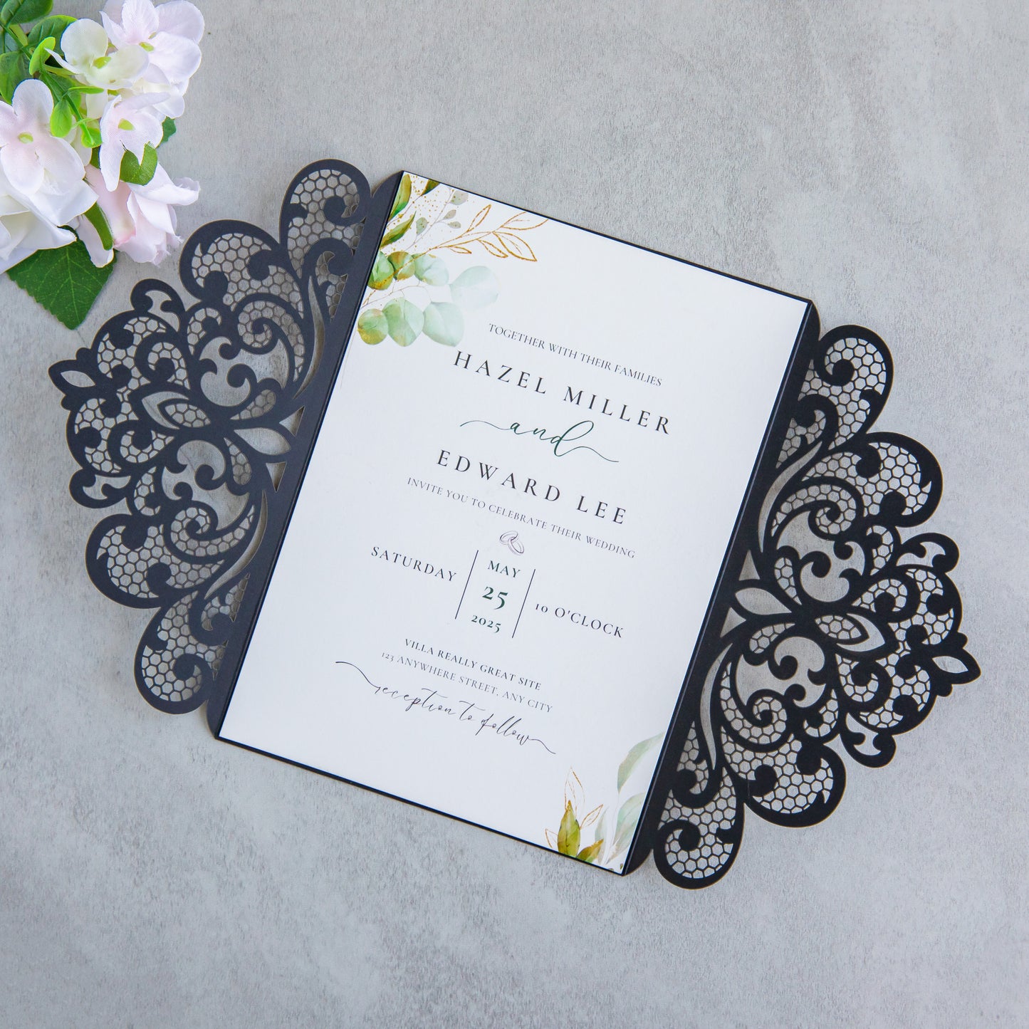 NingsPaper Black Laser Cut Invitation Cards with Ribbons and Rhinestone Pearls